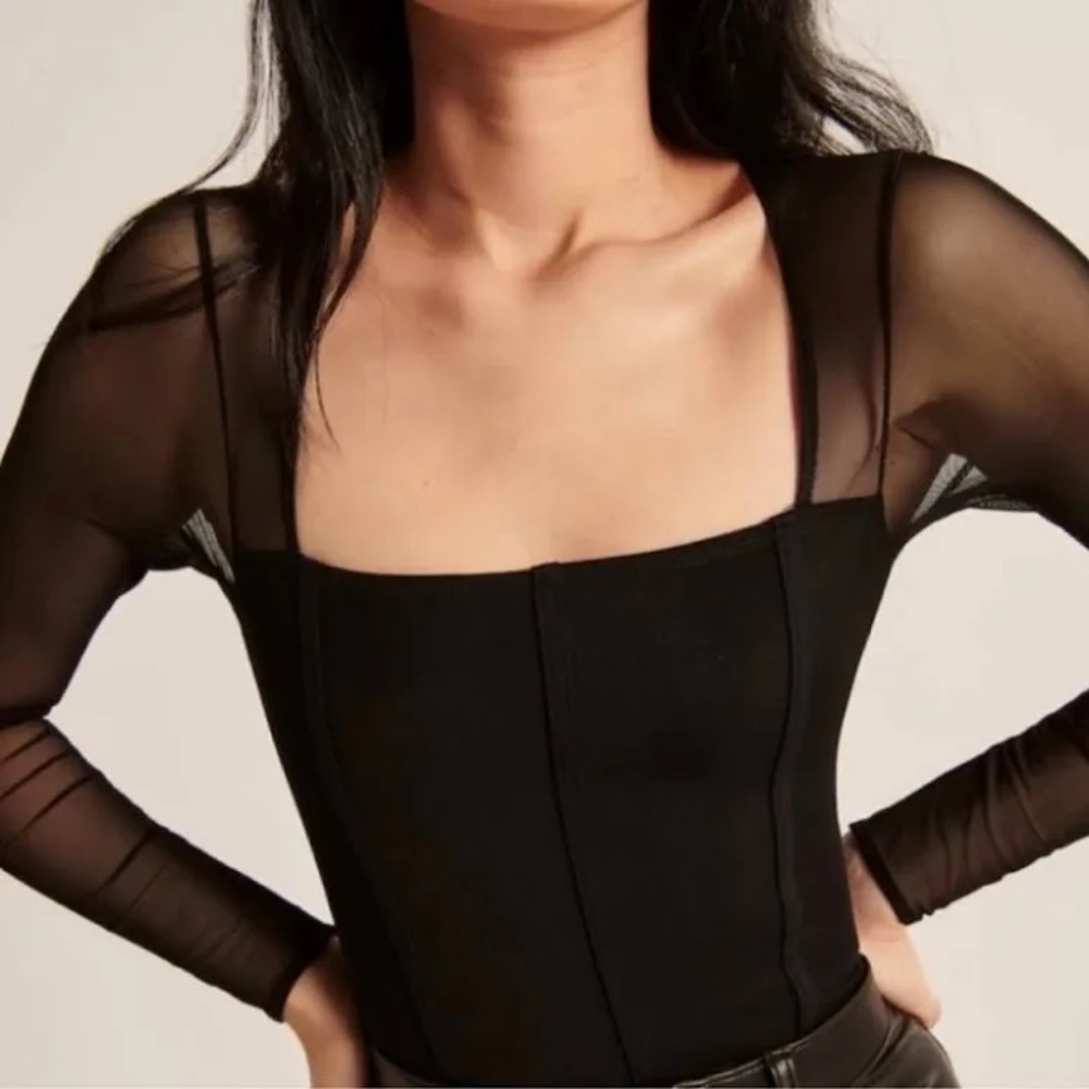 Abercrombie Black Bodysuit - sheer arms, corset detail